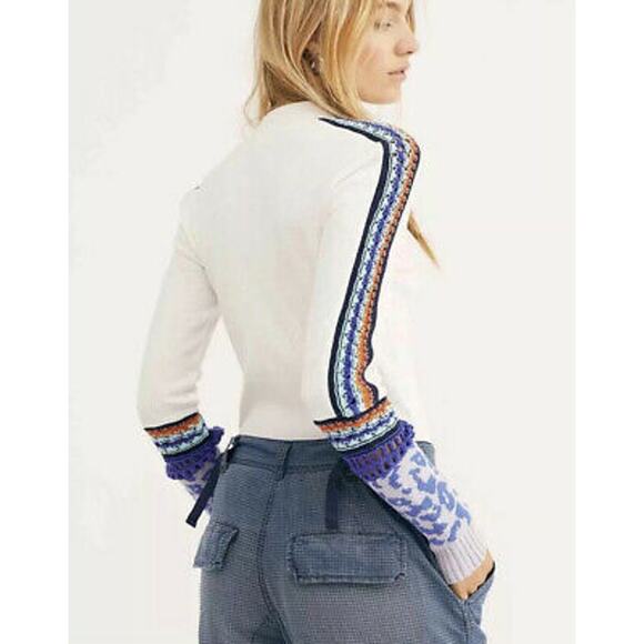 Free People white mock neck colorful knit crochet cuff thermal - Picture 3 of 10